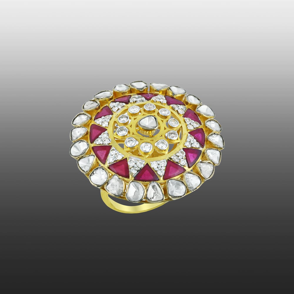 Polki Ring with Red Talafs and Polki Detailing